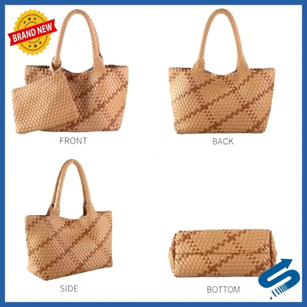 Woven Vegan Leather Tote Bag with Detachable Clutch Elegant Boho Chic